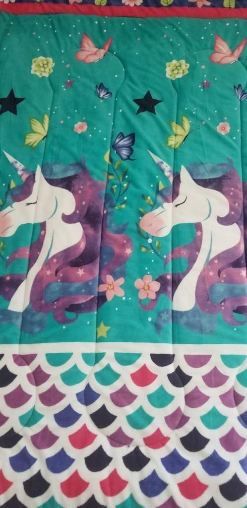 10-71-02-0089 - FRAZADA LIGERA, Cobertor de material microfibra de poliester con acabado interior tipo borrega, TAMAÑO MATRIMONIAL - ALTURA 210 - 220 CM,  ANCHO 170 - 180 CM, DISEÑO INFANTIL UNICORNIO 2